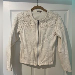 CABI white zippered jacket lace detail